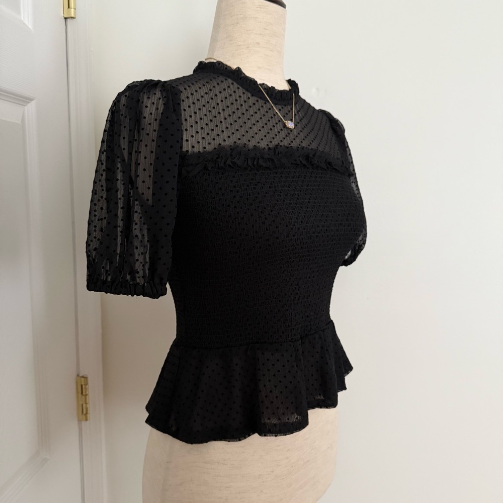 Express Black Polka Dot Smocked Peplum Top